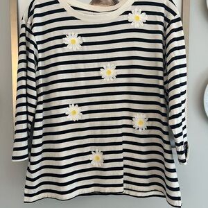 Talbots Black and White Striped Top with Daisy Accents